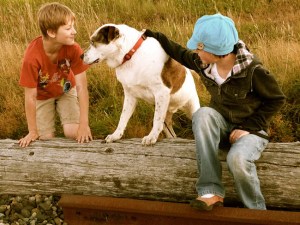 Dos niños y un perro